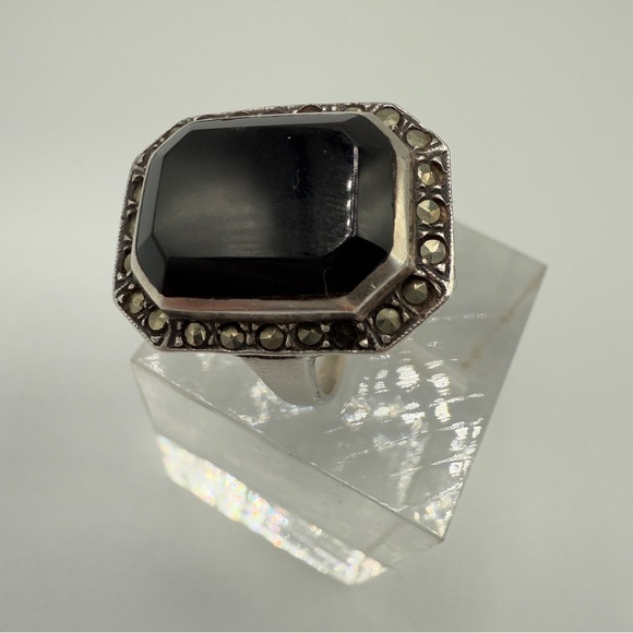 Art Deco 925 Silver Cocktail Ring in Black Accent and Marcasite Size - Picture 12 of 17